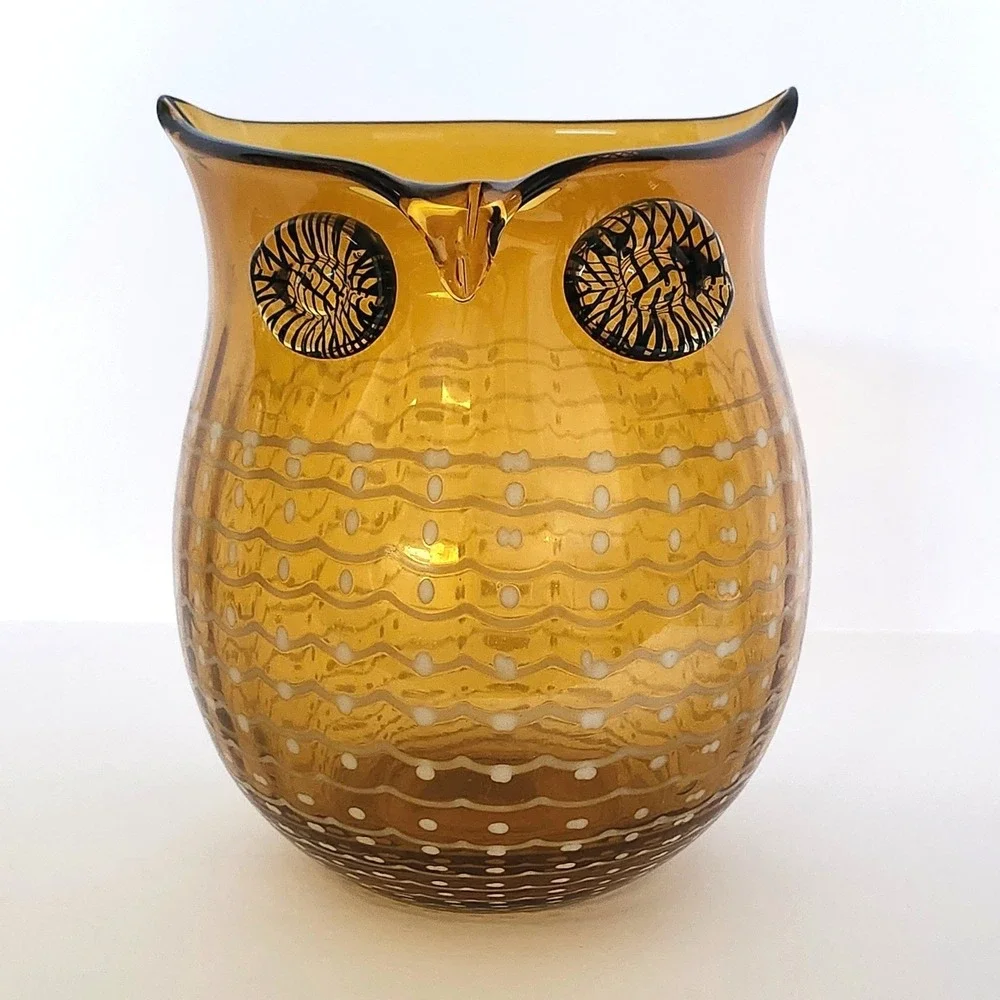Amber Hand Blown Art Glass‎ Owl Hurricane Vase White Swirl Mid Century Style